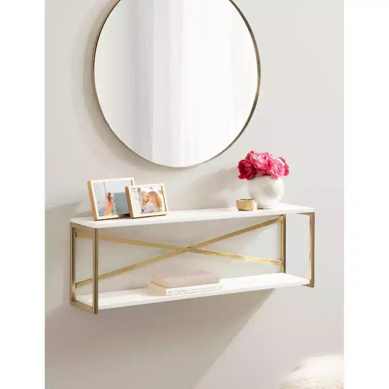 Étagère Murale Blanche à 2 Niveaux - Décor Glamour Moderne, Fixations en Trou de Serrure