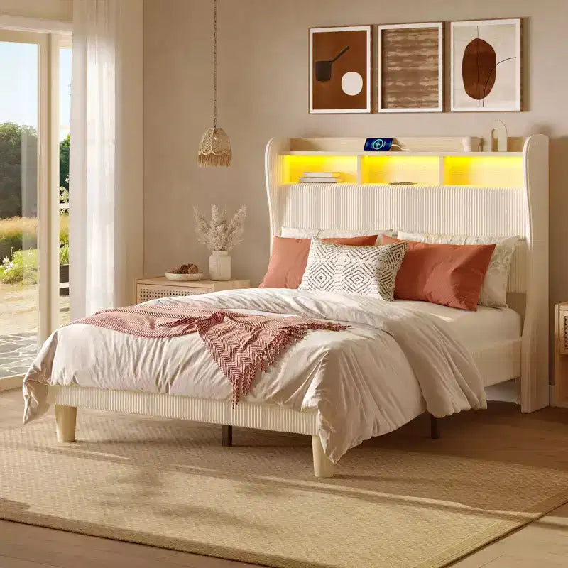 Cadre de lit avec tête de lit haute de rangement, lit plateforme tapissé en velours côtelé