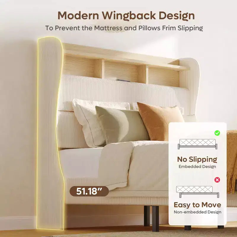 Cadre de lit avec tête de lit haute de rangement, lit plateforme tapissé en velours côtelé