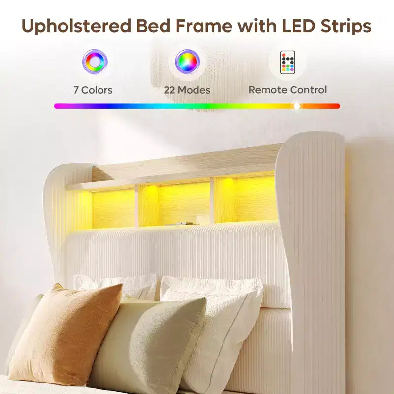 Cadre de lit avec tête de lit haute de rangement, lit plateforme tapissé en velours côtelé