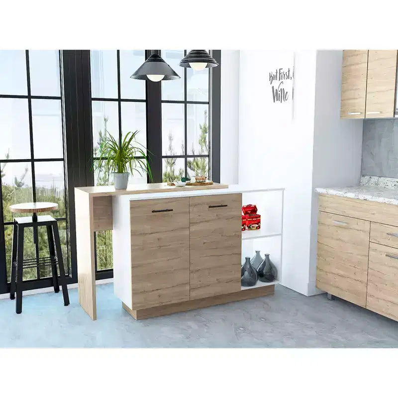 Okak Modern Kitchen Island with Unique Top Design, Kitchen Island Table with 2 Shelves, 1 Drawer and 3 Divisions, Countertop Organizer