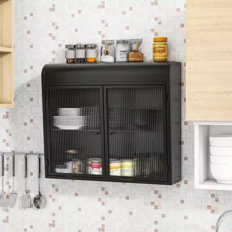 Wall-Mounted Storage Cabinet, Retro Metal Bathroom Cabinet with 2 Glass Doors & Shelves for Bathroom, Kitchen, Living Room & Office