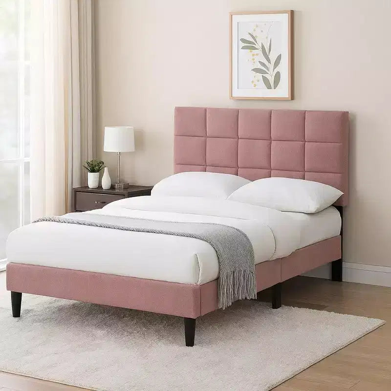 Royal Hampton Full Bed, Tufted Pink Linen Upholstery, Biscuit Tufted Stitch