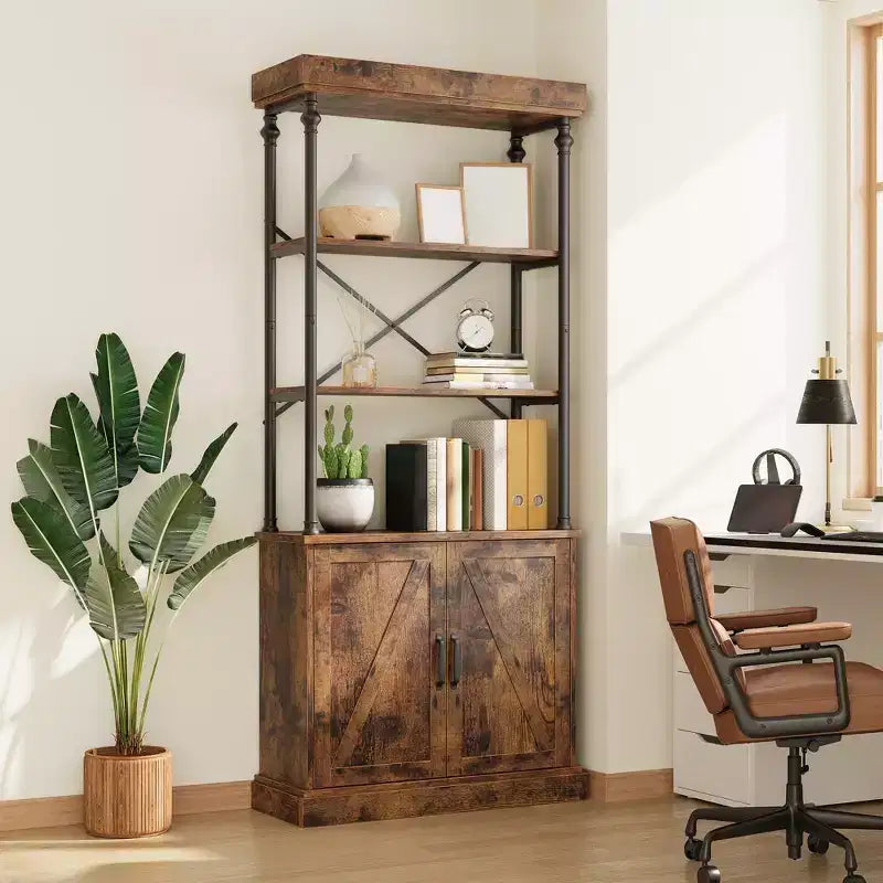 Farmhouse Bookcase with Doors, 74 Wood Bookshelf with Storage Cabinet, Vintage Open Shelf Design for Living Room, Home Office, Bedroom, Library