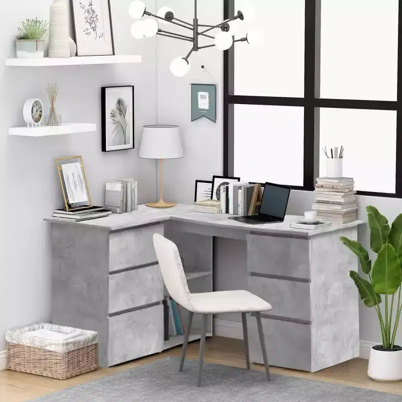 Bureau d'angle en bois d'ingénierie gris, compact