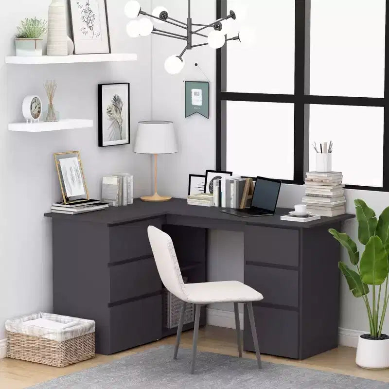 Bureau d'angle en bois d'ingénierie gris, compact