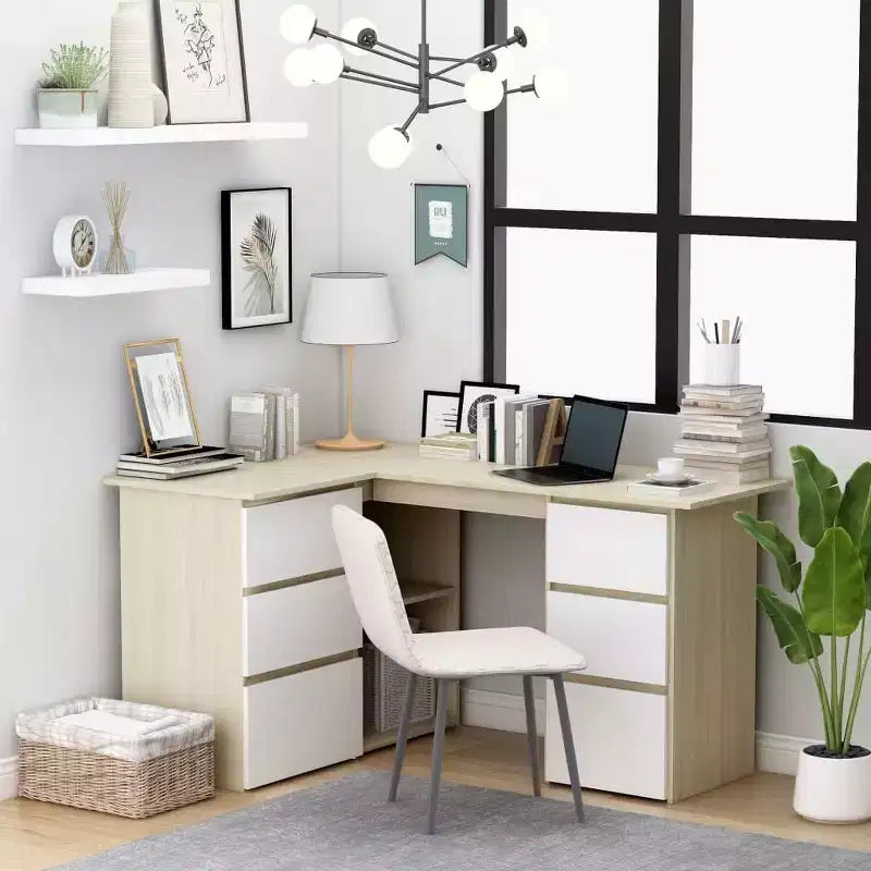 Bureau d'angle en bois d'ingénierie gris, compact