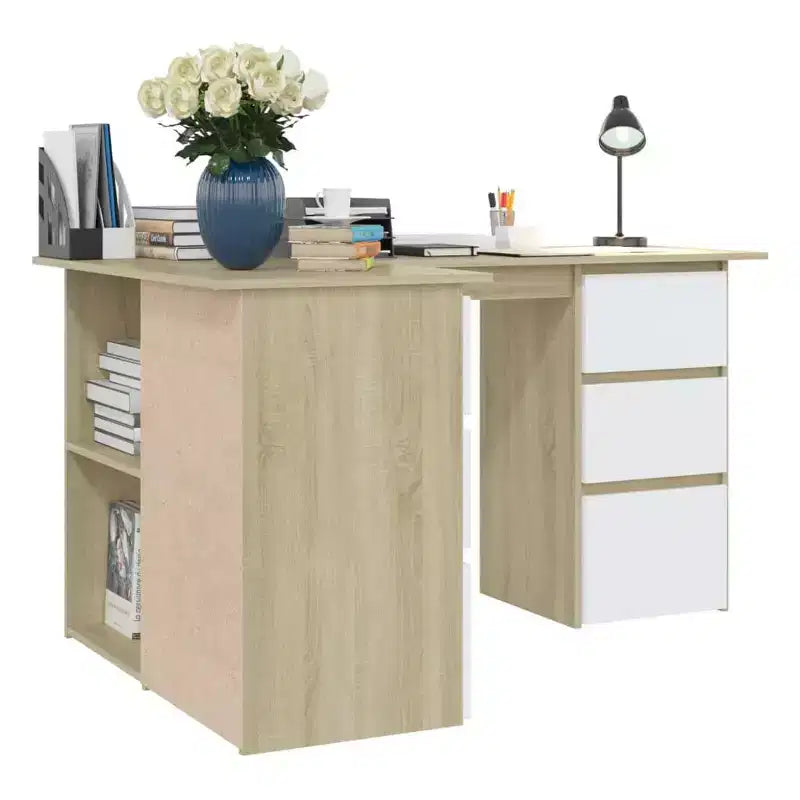 Bureau d'angle en bois d'ingénierie gris, compact