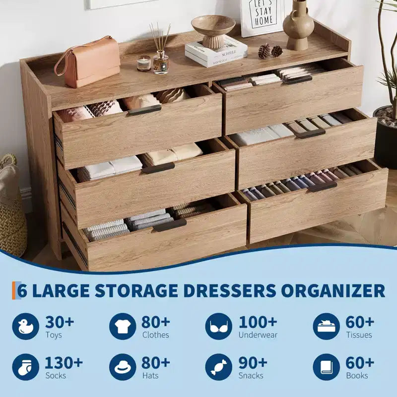 Commode en bois à 6 tiroirs pour chambre à coucher