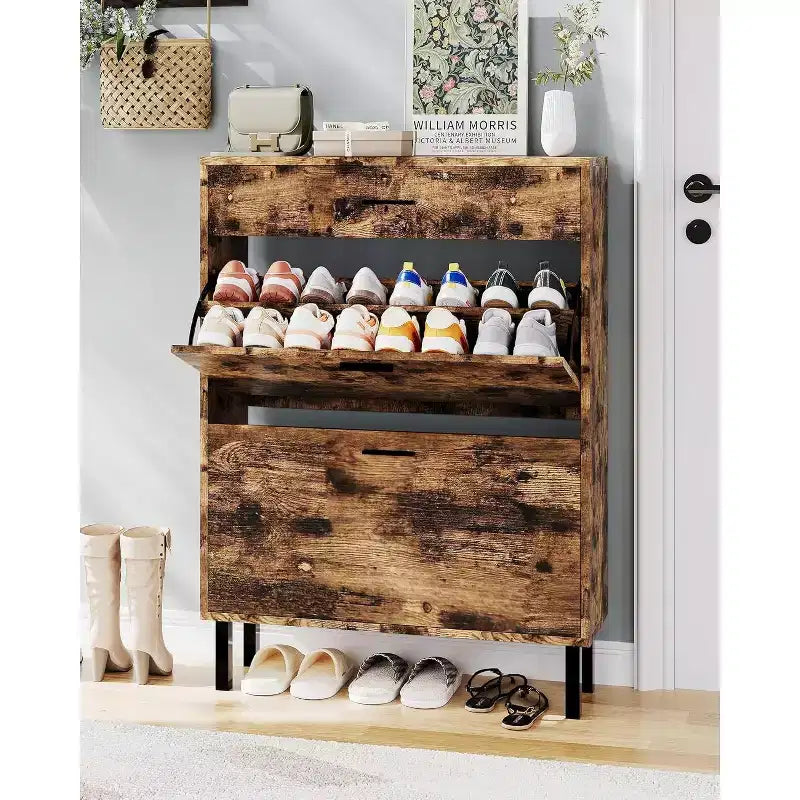 Meuble de rangement à chaussures à 3 niveaux, avec tiroirs abattants