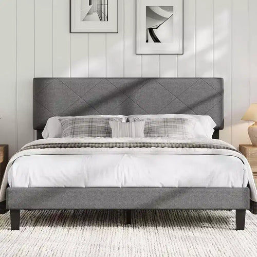 Acekool Bed Frame with Upholstered Headboard, Wood Slat Support, No Box Spring Needed