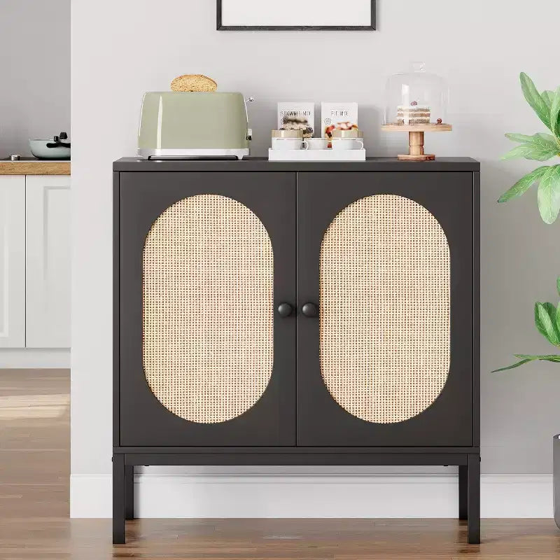 Meuble de rangement en rotin avec portes et étagères,