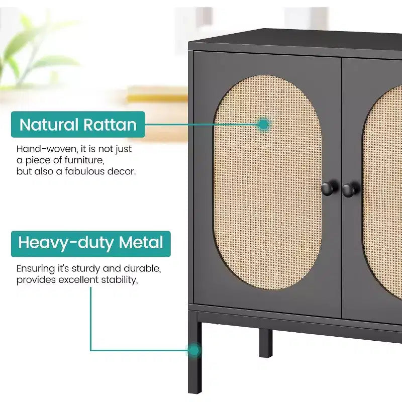 Meuble de rangement en rotin avec portes et étagères,