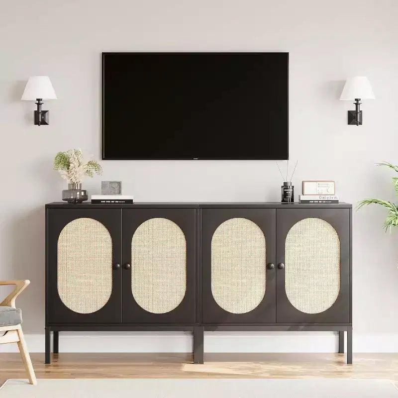Meuble de rangement en rotin avec portes et étagères,