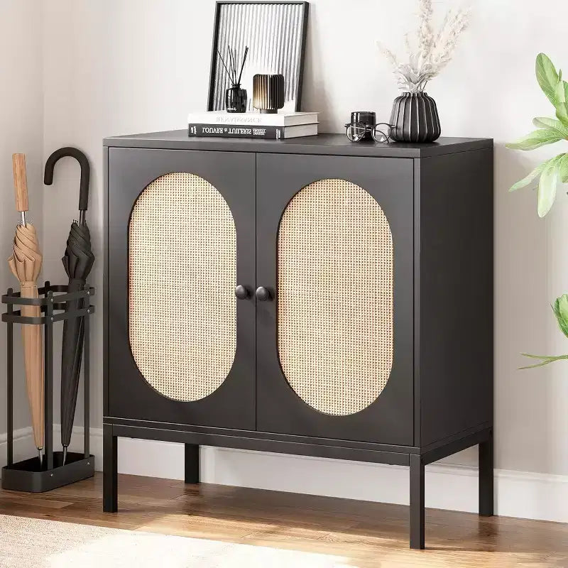 Meuble de rangement en rotin avec portes et étagères,