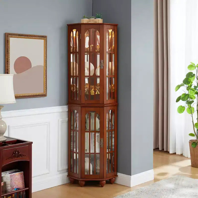 Corner Curio Cabinet with Lights, Glass Display Cabinet Display Case Storage Showcase with Adjustable Shelves, Mirrored Back Panel