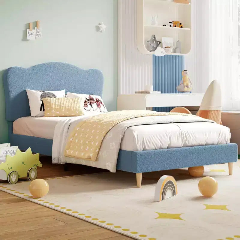 Upholstered Twin Bed Frame with Scalloped Headboard,Cute Velvet Platform Bed with Wooden Slats, No Box Spring Needed for Kids/Boys/Girls