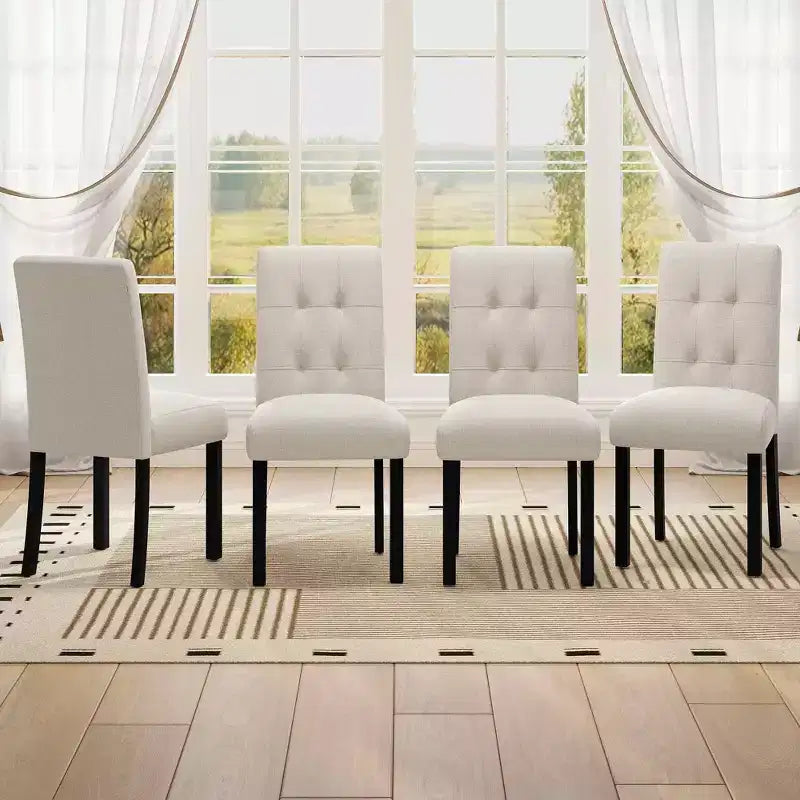 MAYEERTY 4-Piece Modern Tufted Dining Chair, Linen Upholstered, Black Rubber Wood Legs