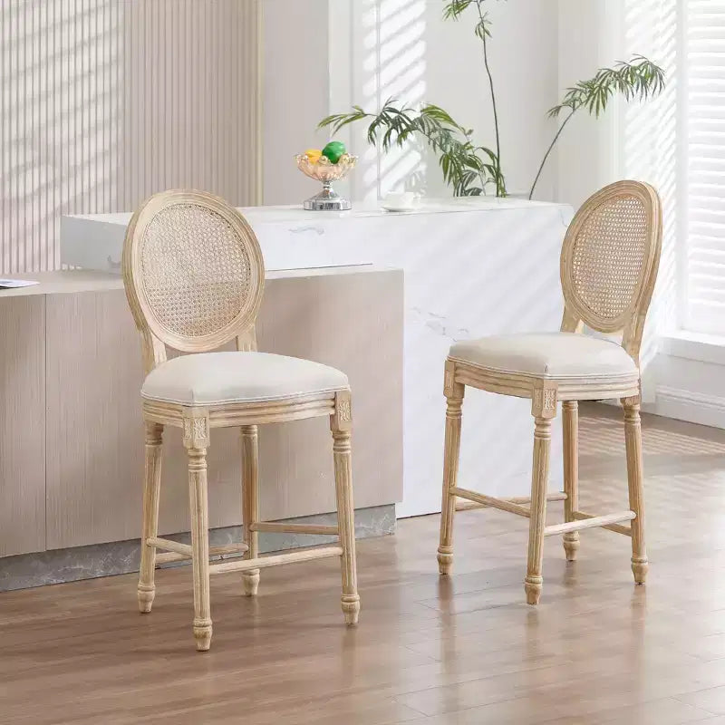 French Country 26 Bar Chairs Set of 2, Upholstered Natural Rattan Round Back, Wire Drawing Carving, Beige