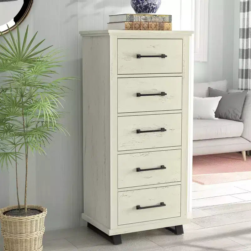 24" Wide Chest of 5 Drawers with Stylish Metal Wood Grain Handles Saw Cut Off-White - Festivo