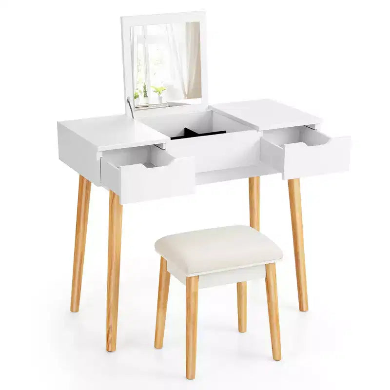 Table de toilette avec miroir rabattable, tiroirs, 9 séparateurs, bureau d'écriture pour maquillage