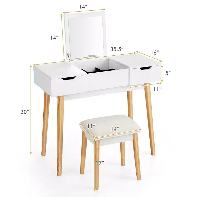 Table de toilette avec miroir rabattable, tiroirs, 9 séparateurs, bureau d'écriture pour maquillage