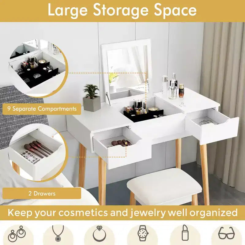 Table de toilette avec miroir rabattable, tiroirs, 9 séparateurs, bureau d'écriture pour maquillage