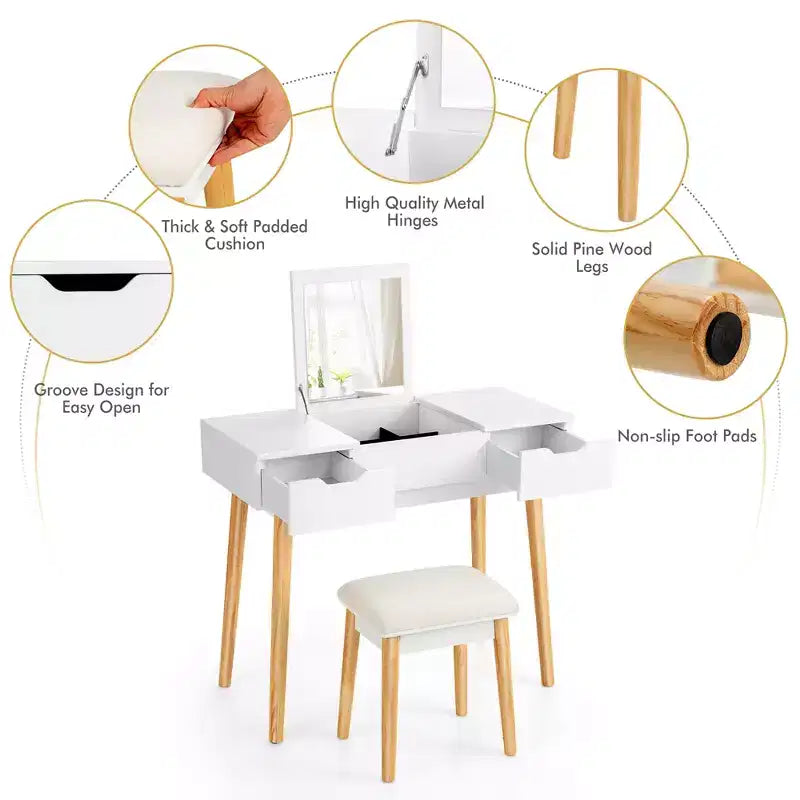 Table de toilette avec miroir rabattable, tiroirs, 9 séparateurs, bureau d'écriture pour maquillage