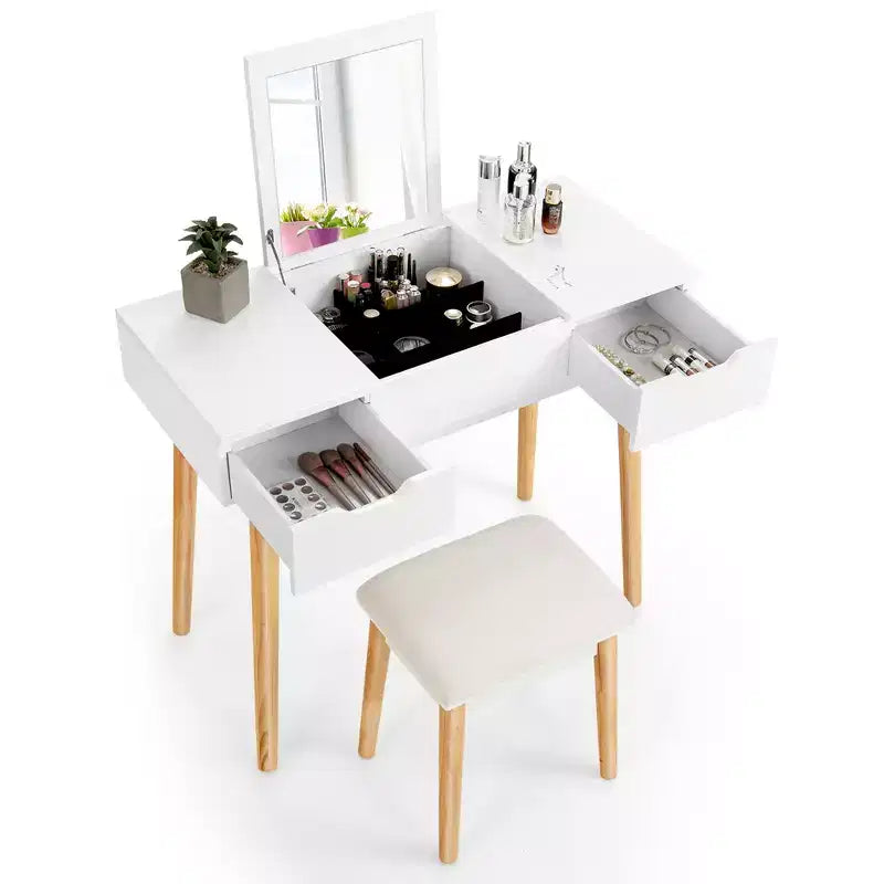 Table de toilette avec miroir rabattable, tiroirs, 9 séparateurs, bureau d'écriture pour maquillage