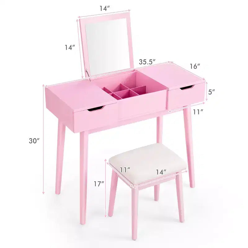 Table de toilette avec miroir rabattable, tiroirs, 9 séparateurs, bureau d'écriture pour maquillage