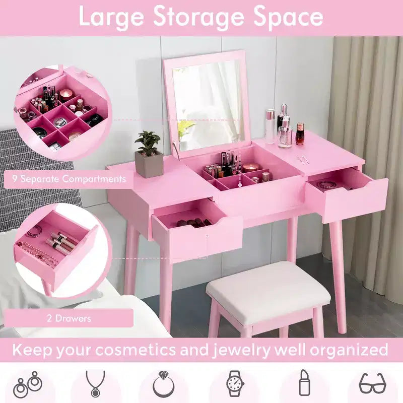 Table de toilette avec miroir rabattable, tiroirs, 9 séparateurs, bureau d'écriture pour maquillage