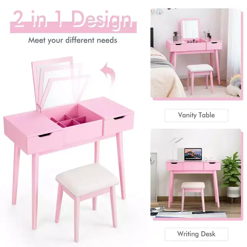Table de toilette avec miroir rabattable, tiroirs, 9 séparateurs, bureau d'écriture pour maquillage