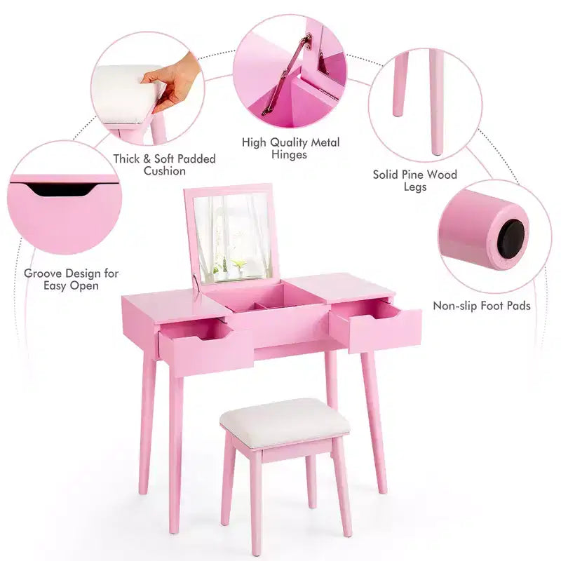 Table de toilette avec miroir rabattable, tiroirs, 9 séparateurs, bureau d'écriture pour maquillage