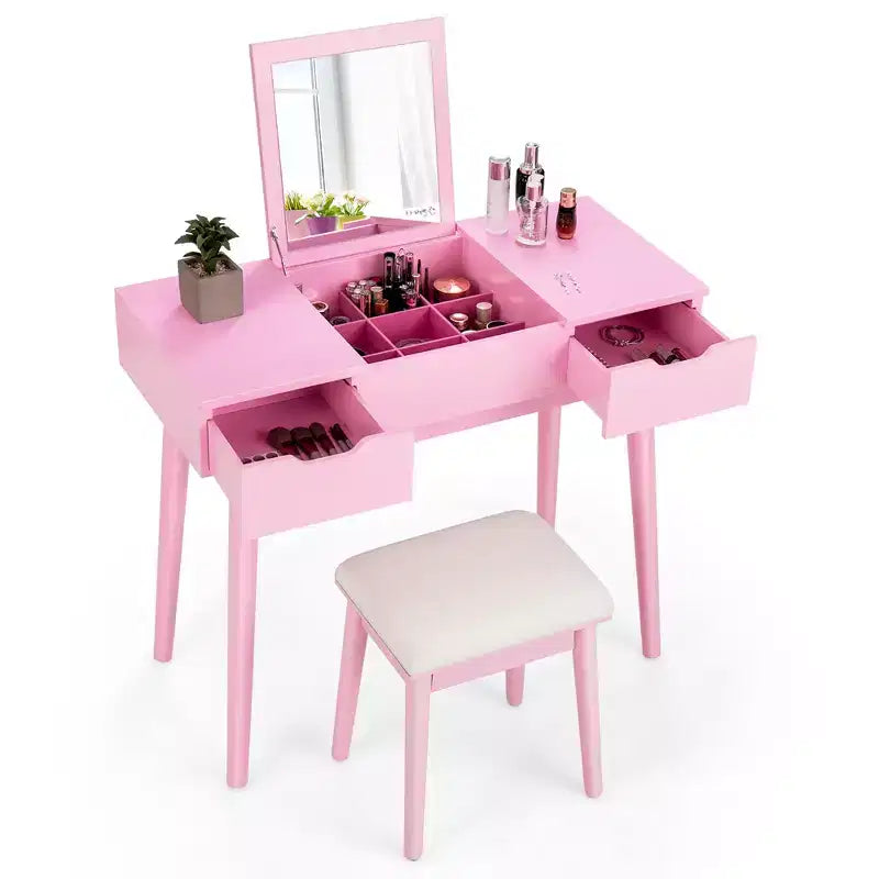 Table de toilette avec miroir rabattable, tiroirs, 9 séparateurs, bureau d'écriture pour maquillage