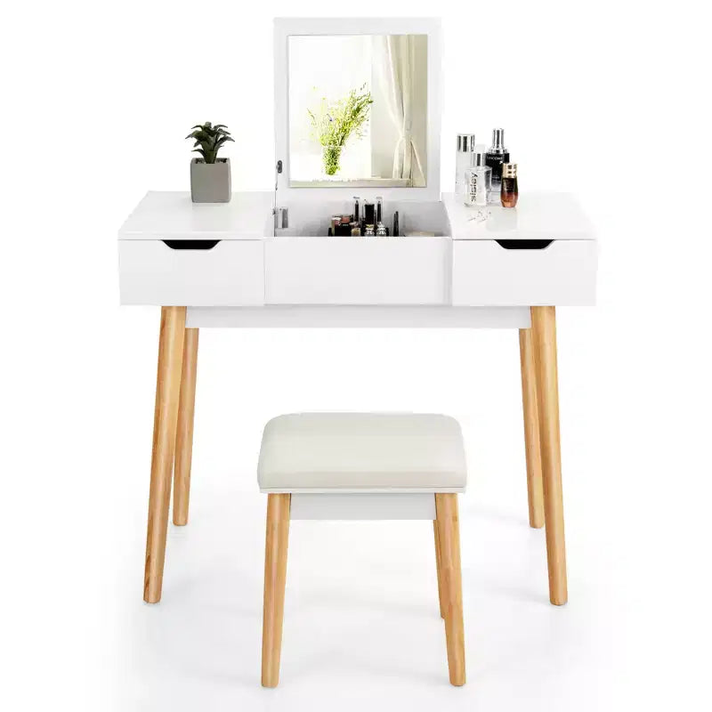 Table de toilette avec miroir rabattable, tiroirs, 9 séparateurs, bureau d'écriture pour maquillage