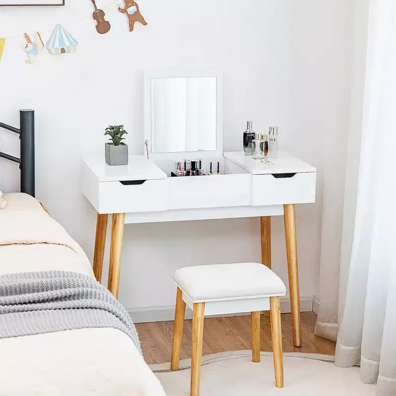 Table de toilette avec miroir rabattable, tiroirs, 9 séparateurs, bureau d'écriture pour maquillage