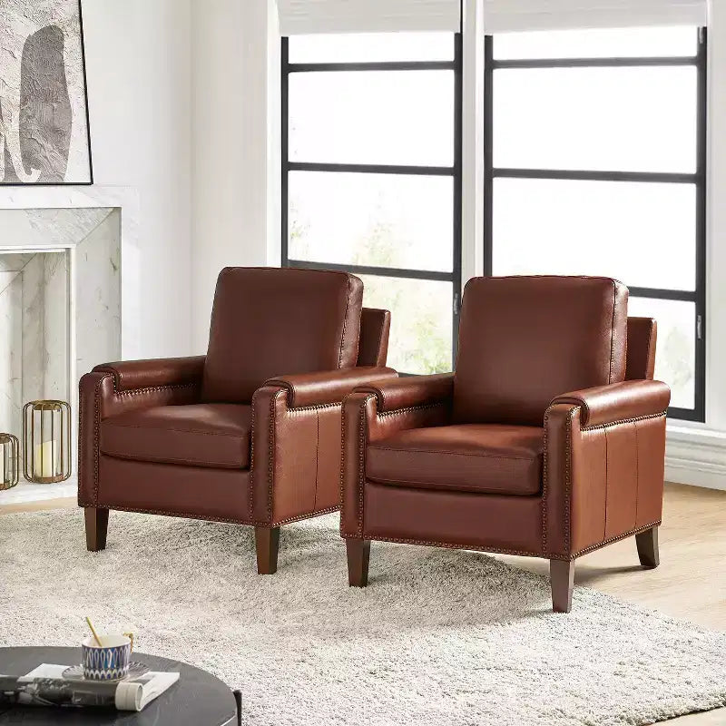 Fauteuil en cuir véritable avec coussin amovible et clous décoratifs