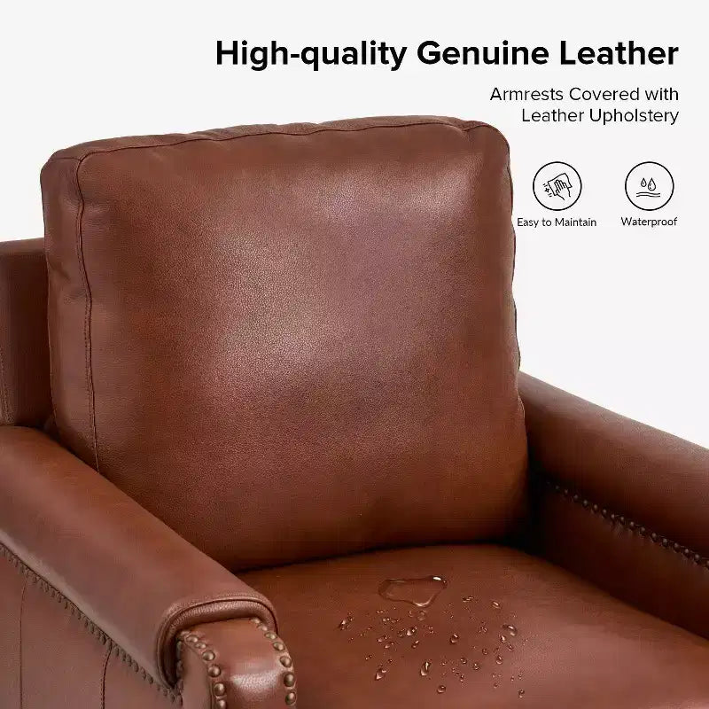 Fauteuil en cuir véritable avec coussin amovible et clous décoratifs
