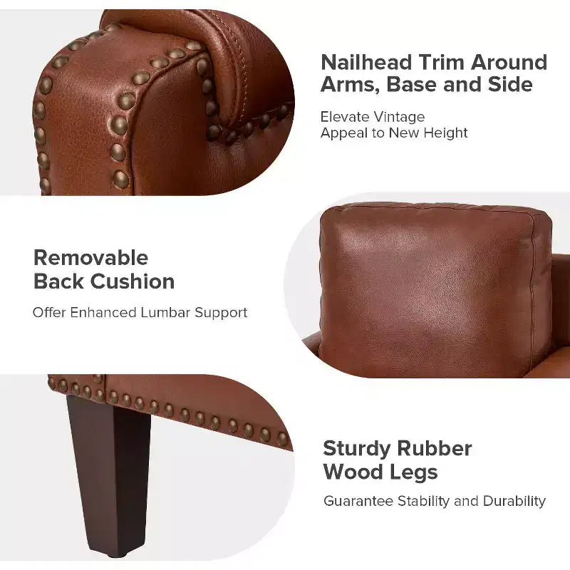 Fauteuil en cuir véritable avec coussin amovible et clous décoratifs