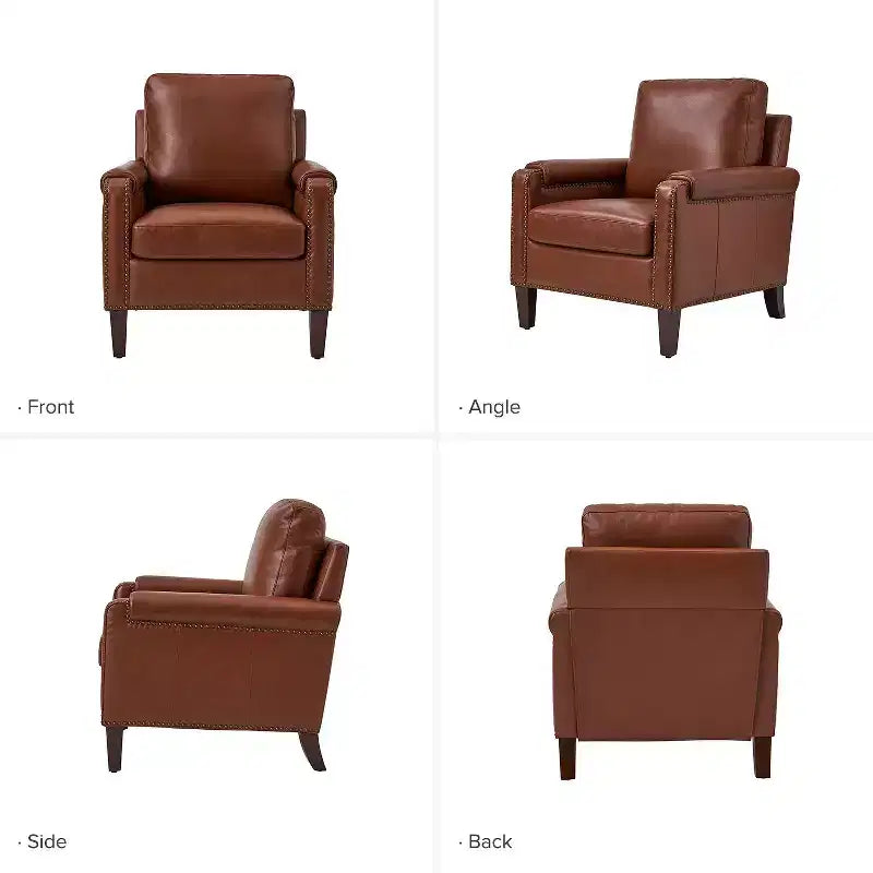 Fauteuil en cuir véritable avec coussin amovible et clous décoratifs