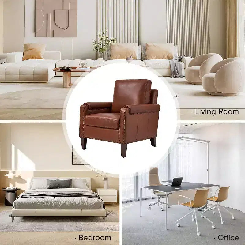 Fauteuil en cuir véritable avec coussin amovible et clous décoratifs