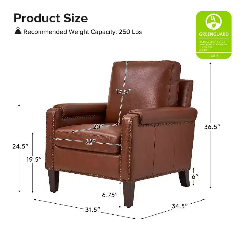 Fauteuil en cuir véritable avec coussin amovible et clous décoratifs