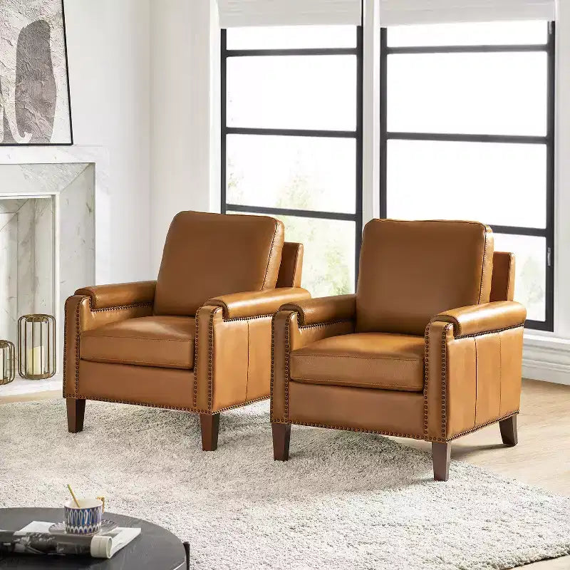 Fauteuil en cuir véritable avec coussin amovible et clous décoratifs