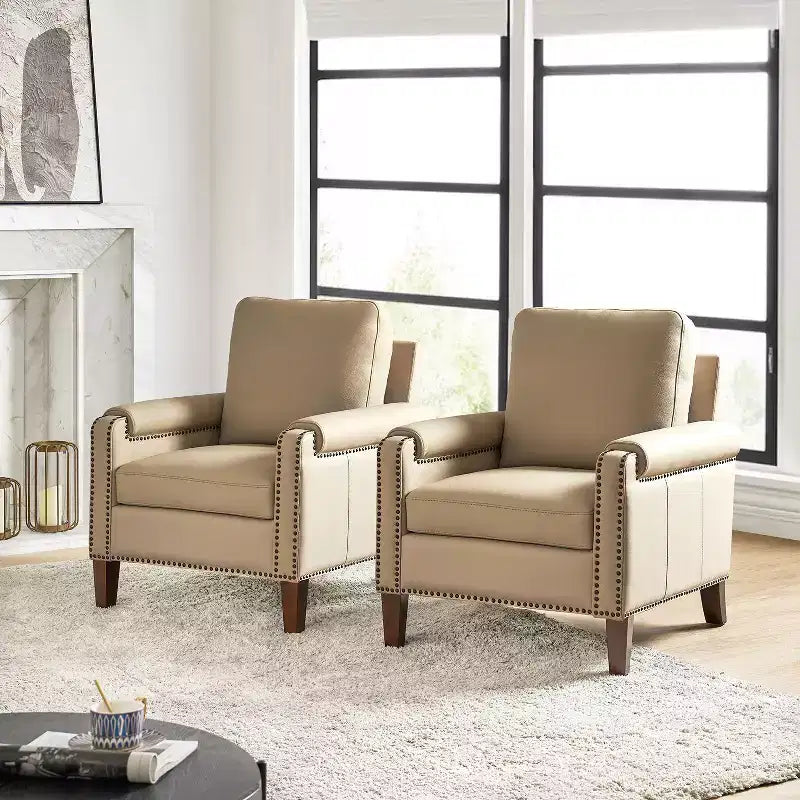 Fauteuil en cuir véritable avec coussin amovible et clous décoratifs