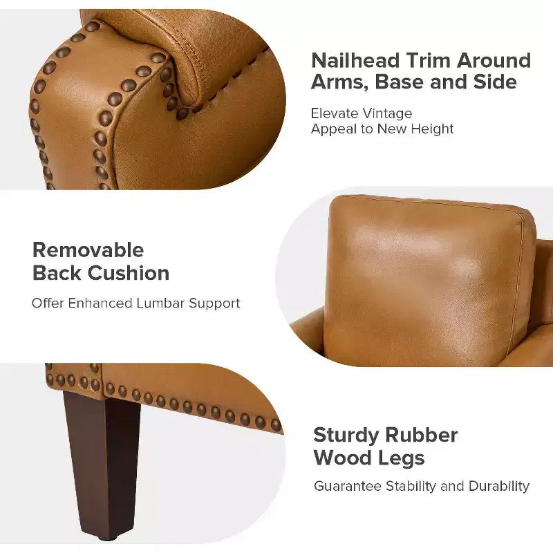 Fauteuil en cuir véritable avec coussin amovible et clous décoratifs