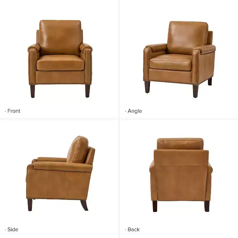Fauteuil en cuir véritable avec coussin amovible et clous décoratifs