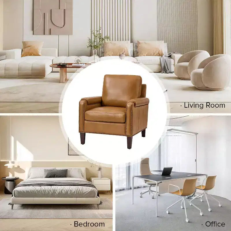 Fauteuil en cuir véritable avec coussin amovible et clous décoratifs