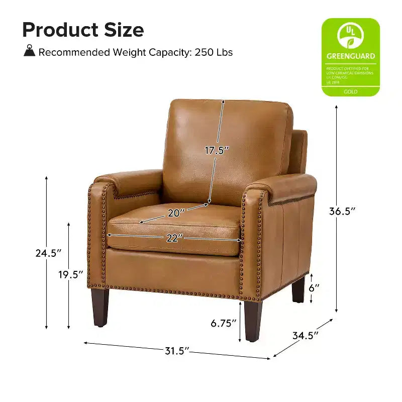 Fauteuil en cuir véritable avec coussin amovible et clous décoratifs