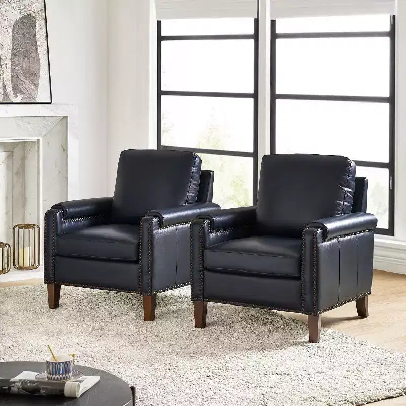 Fauteuil en cuir véritable avec coussin amovible et clous décoratifs