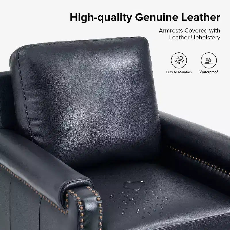 Fauteuil en cuir véritable avec coussin amovible et clous décoratifs
